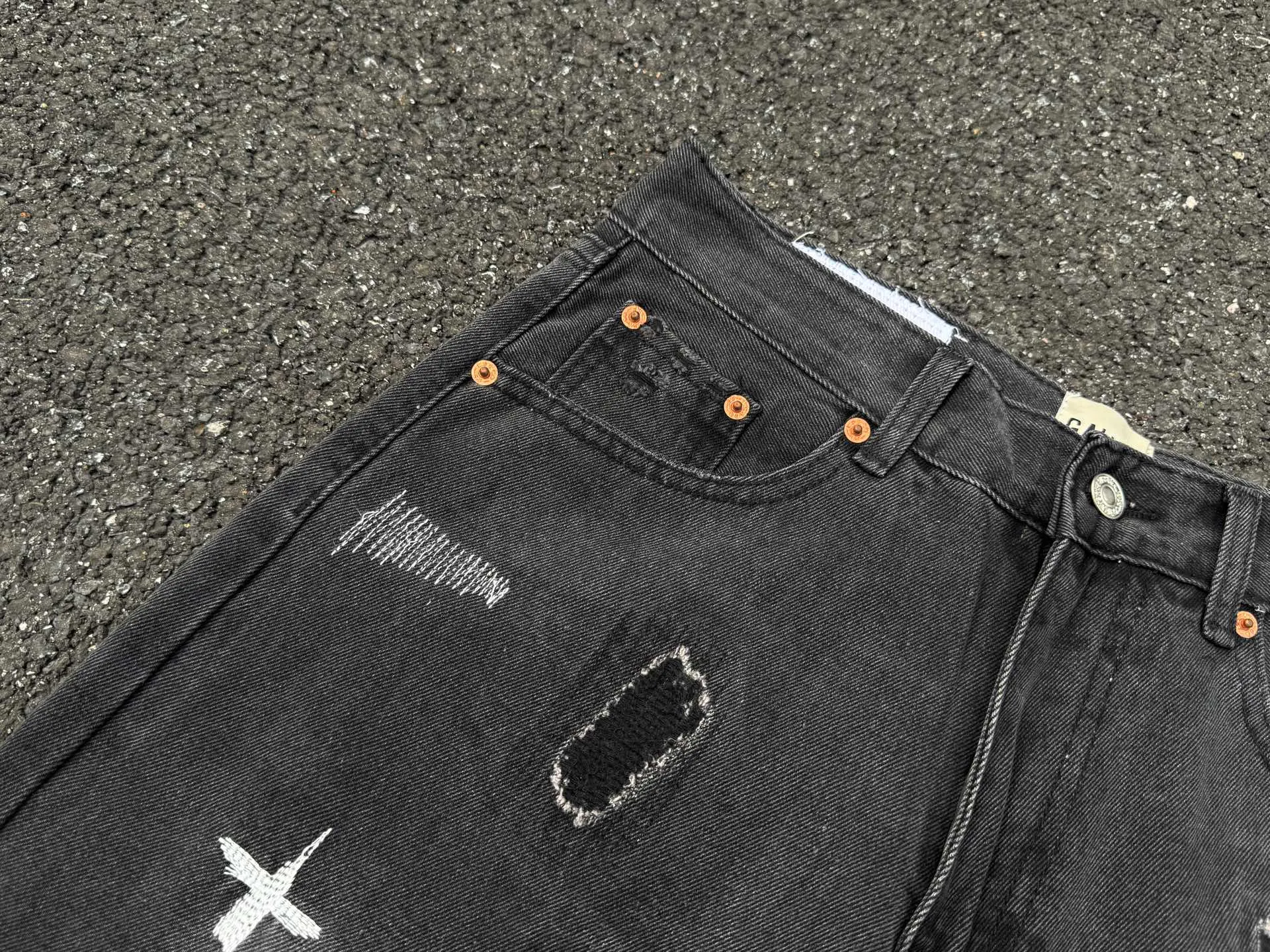 P246💰G22 GALLERY DEPT. Skull hand-stitched distressed distressed jeans -Color: Black -Size: S-XXL